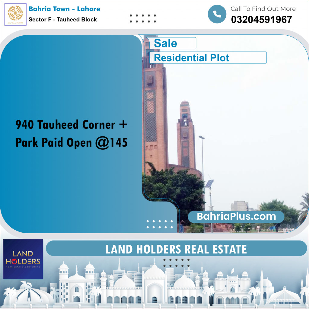 10 Marla Residential Plot for Sale in Sector F - Tauheed Block -  Bahria Town, Lahore - (BP-295853)