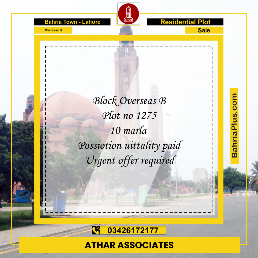 10 Marla Residential Plot for Sale in Overseas B -  Bahria Town, Lahore - (BP-295876)