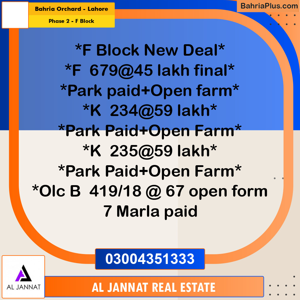 5 Marla Residential Plot for Sale in Phase 2 - F Block -  Bahria Orchard, Lahore - (BP-295898)