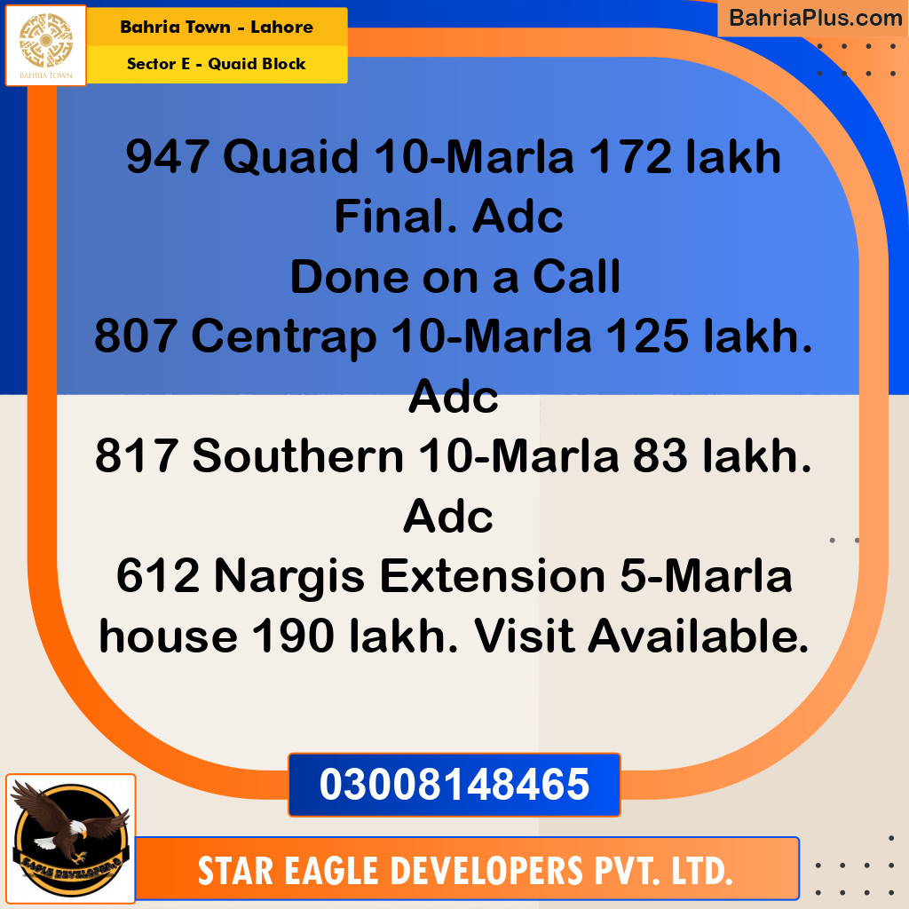 10 Marla Residential Plot for Sale in Sector E - Quaid Block -  Bahria Town, Lahore - (BP-295998)