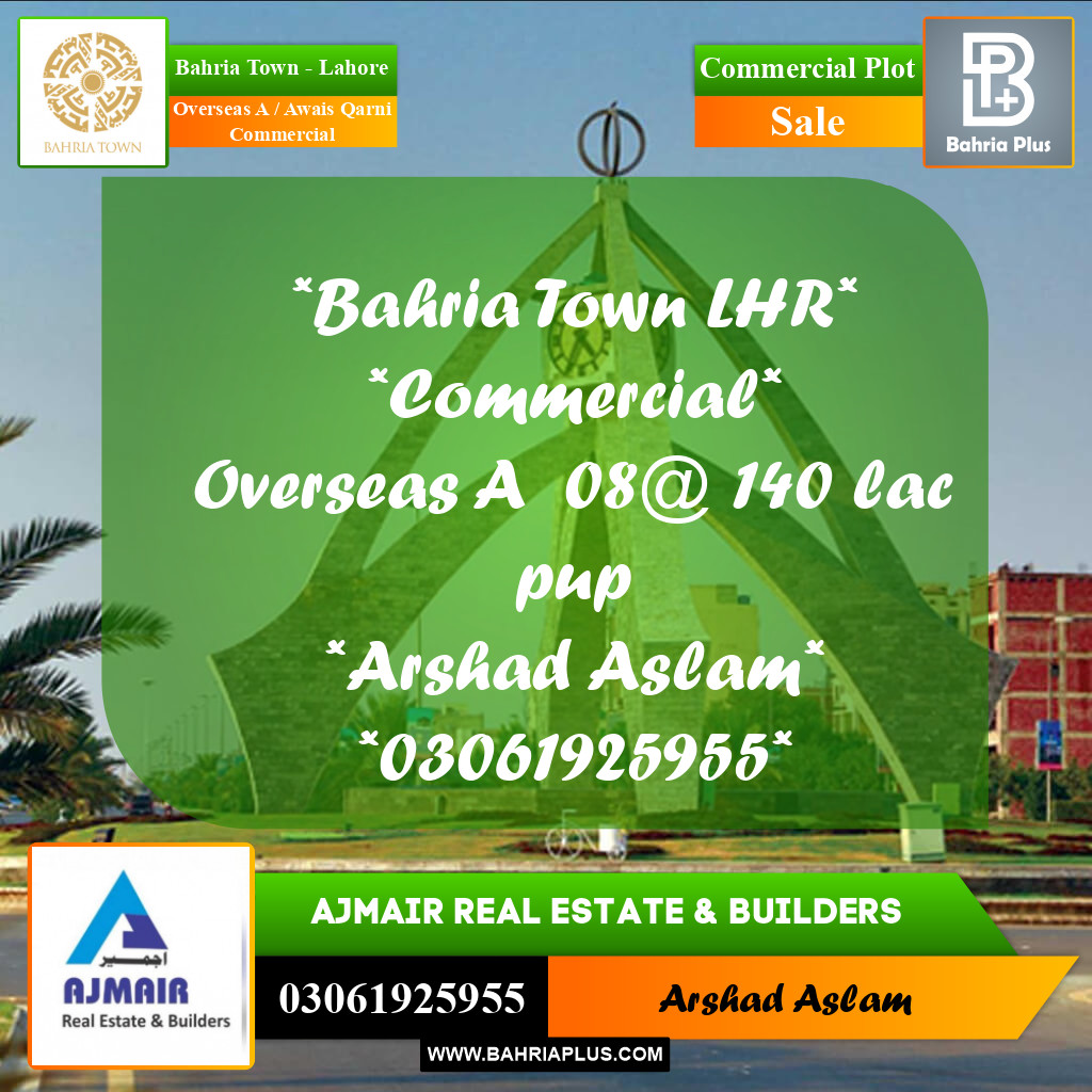 2 Marla Commercial Plot for Sale in Overseas A / Awais Qarni Commercial -  Bahria Town, Lahore - (BP-296050)