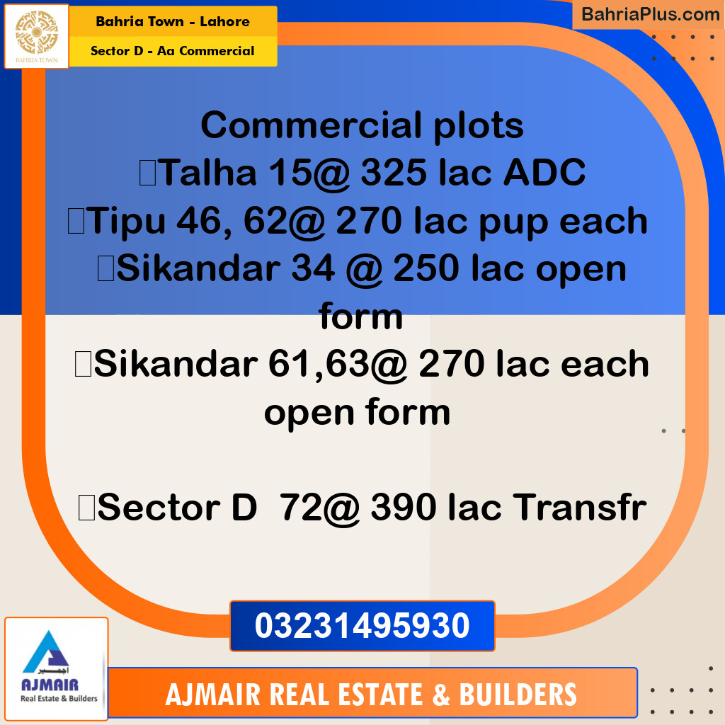 5 Marla Commercial Plot for Sale in Sector D - AA Commercial -  Bahria Town, Lahore - (BP-296134)
