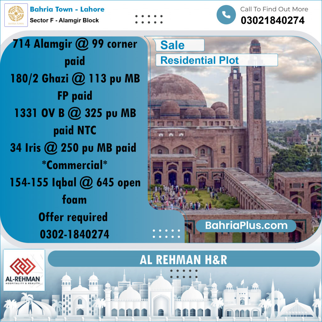 10 Marla Residential Plot for Sale in Sector F - Alamgir Block -  Bahria Town, Lahore - (BP-296253)