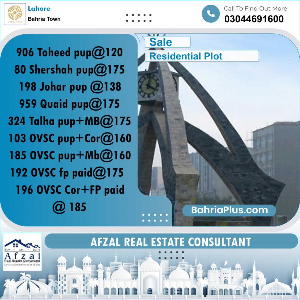 Residential Plot for Sale in Bahria Town, Lahore - (BP-296289)