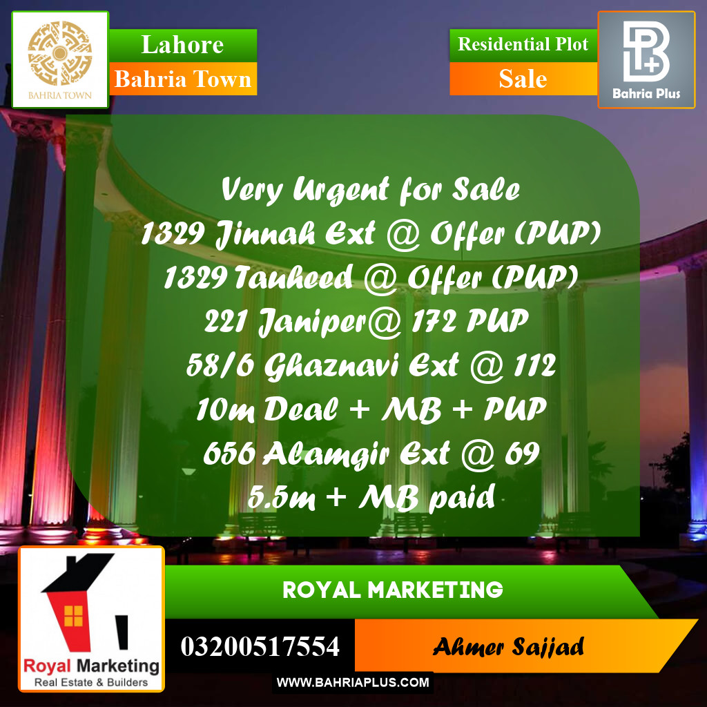 Residential Plot for Sale in Bahria Town, Lahore - (BP-296359)