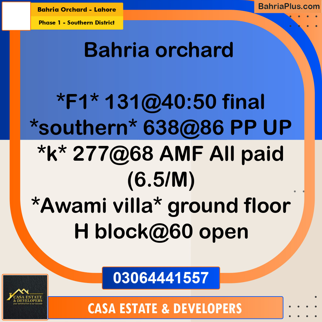 8 Marla Residential Plot for Sale in Phase 1 - Southern District -  Bahria Orchard, Lahore - (BP-296361)