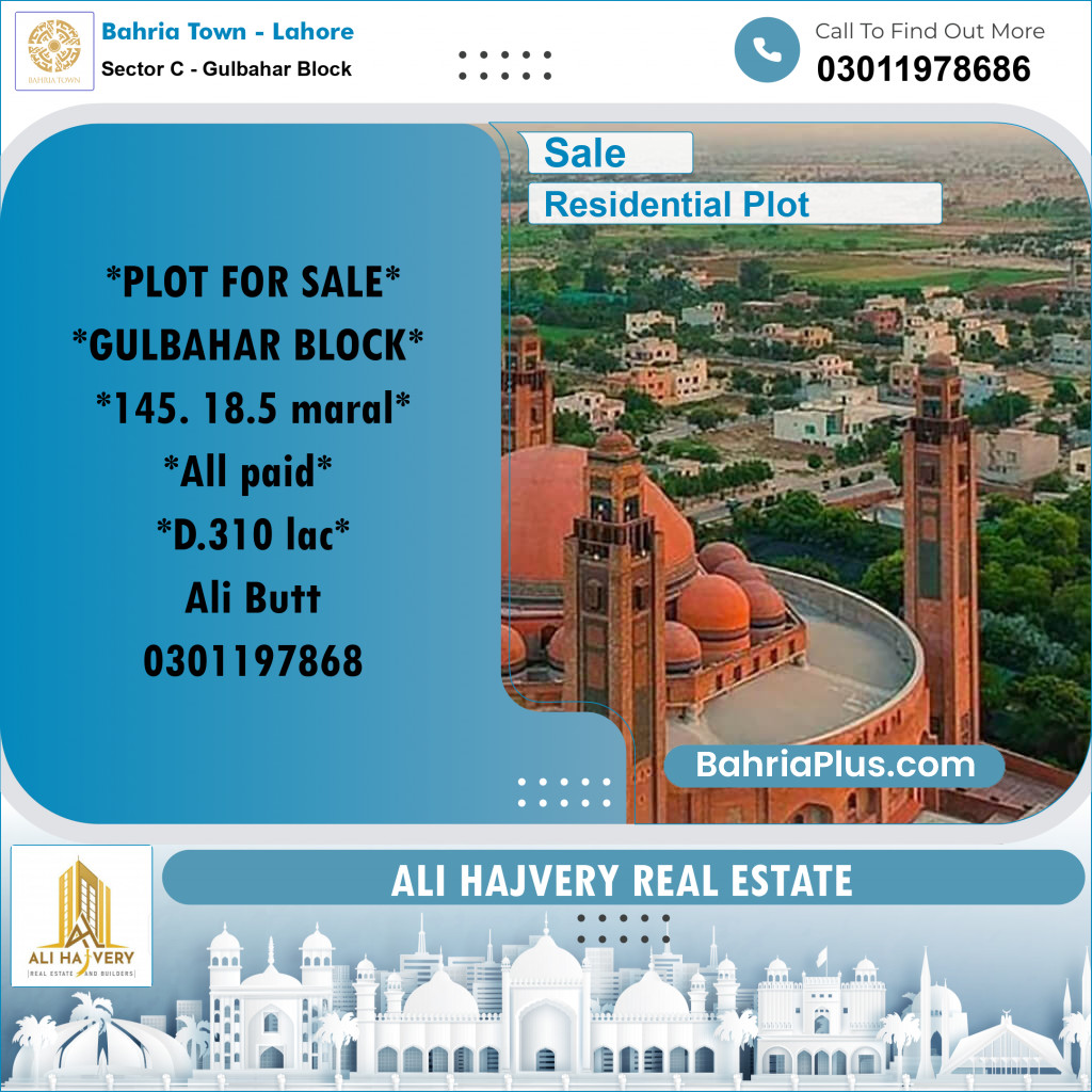 18.5 Marla Residential Plot for Sale in Sector C - Gulbahar Block -  Bahria Town, Lahore - (BP-296453)