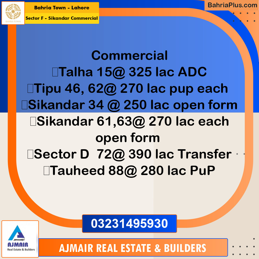 5 Marla Commercial Plot for Sale in Sector F - Sikandar Commercial -  Bahria Town, Lahore - (BP-296543)