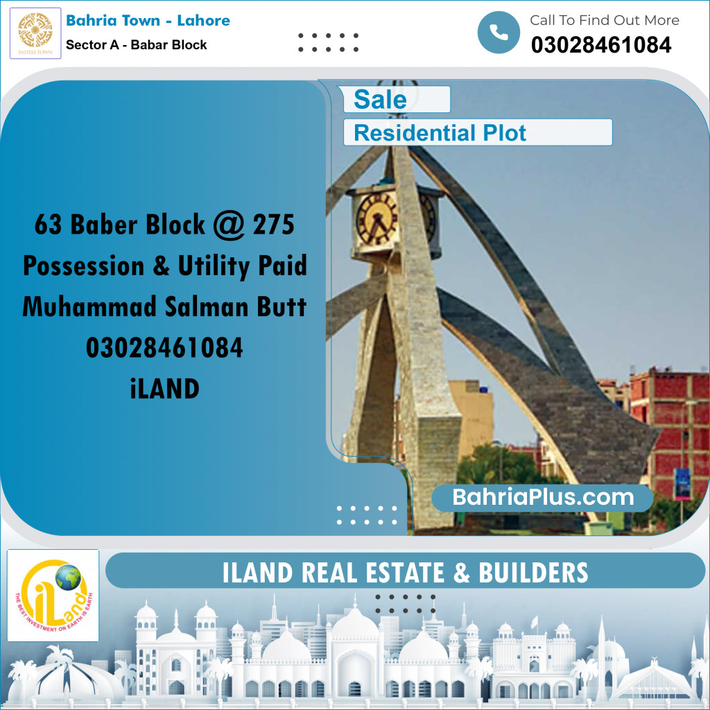 1 Kanal Residential Plot for Sale in Sector A - Babar Block -  Bahria Town, Lahore - (BP-296700)