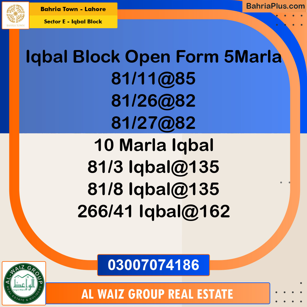 10 Marla Residential Plot for Sale in Sector E - Iqbal Block -  Bahria Town, Lahore - (BP-296814)