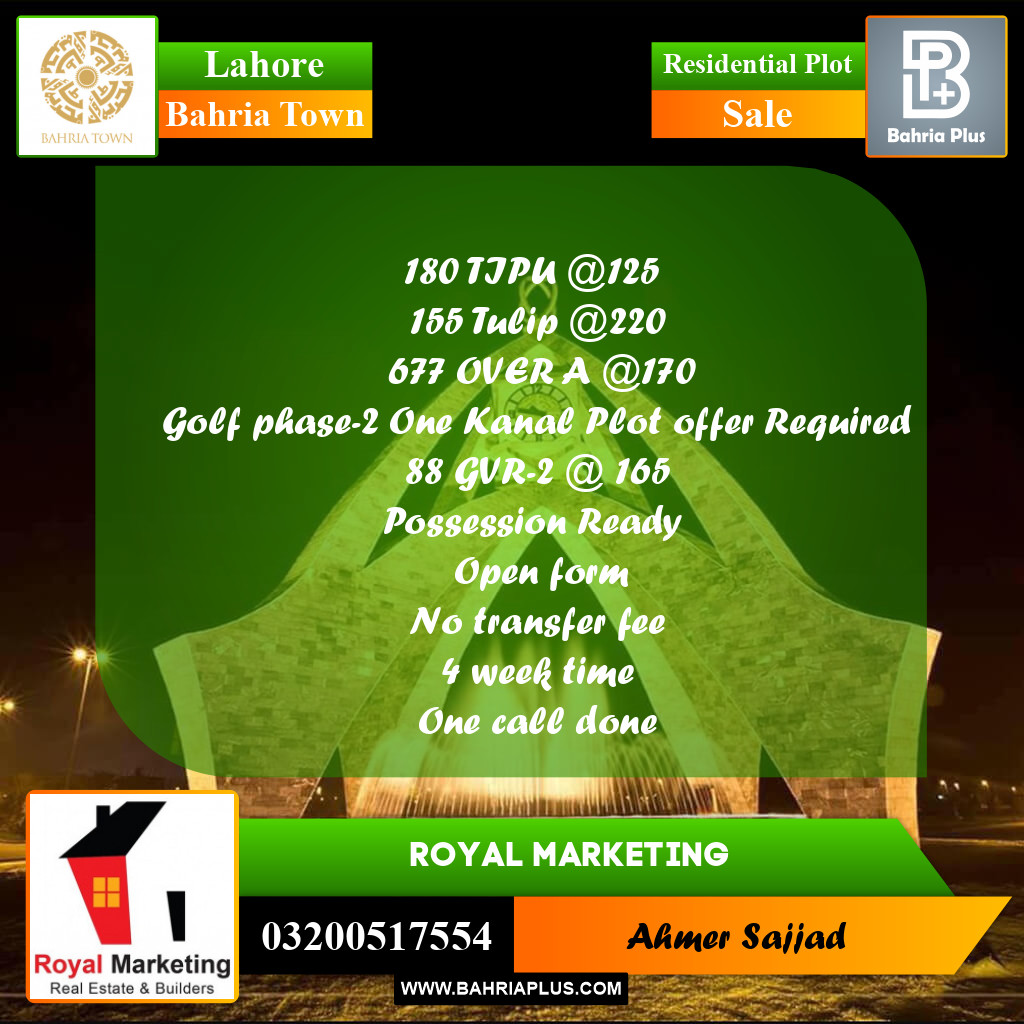 Residential Plot for Sale in Bahria Town, Lahore - (BP-296833)