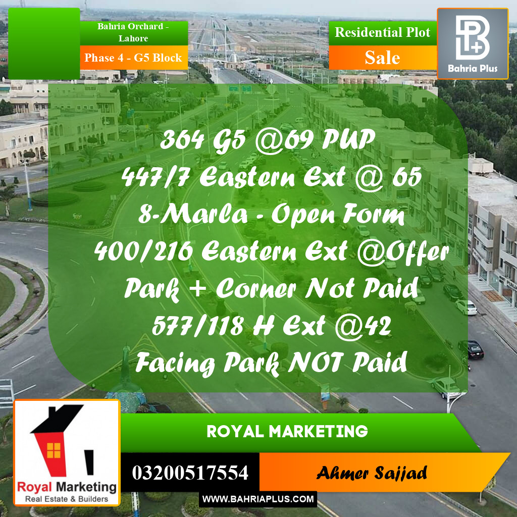 10 Marla Residential Plot for Sale in Phase 4 - G5 Block -  Bahria Orchard, Lahore - (BP-296870)