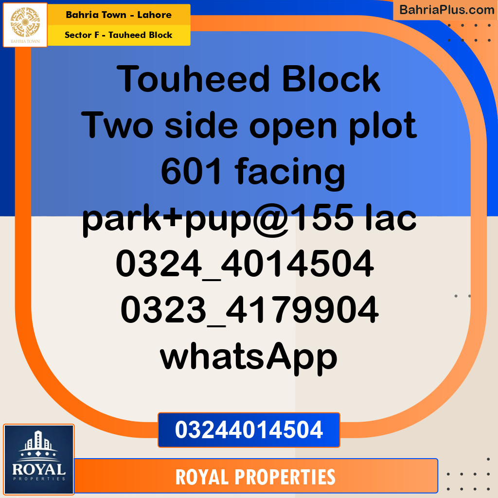Residential Plot for Sale in Sector F - Tauheed Block -  Bahria Town, Lahore - (BP-297054)