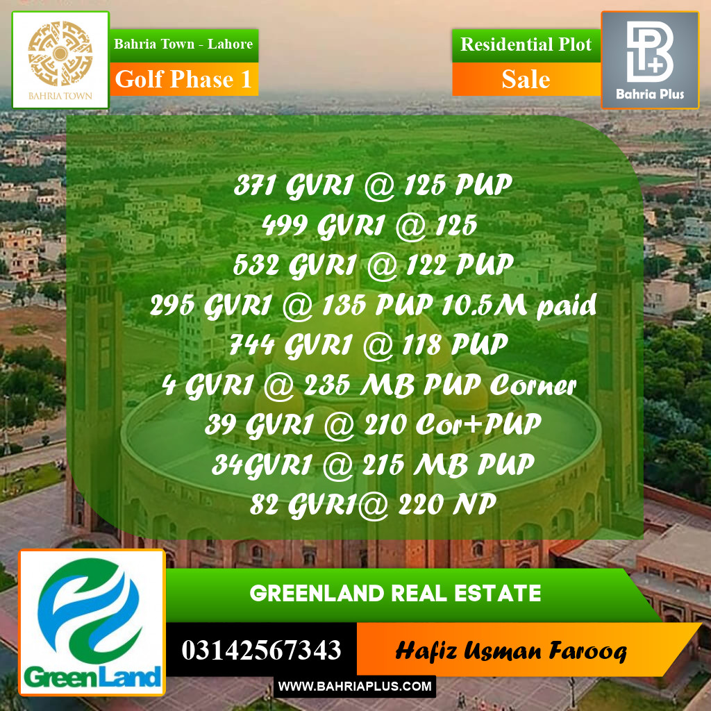 10 Marla Residential Plot for Sale in Golf Phase 1 -  Bahria Town, Lahore - (BP-297069)