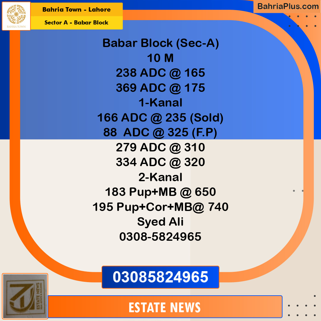 1 Kanal Residential Plot for Sale in Sector A - Babar Block -  Bahria Town, Lahore - (BP-297085)