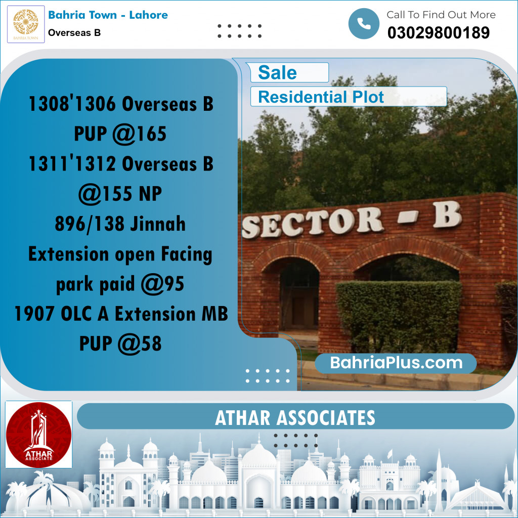 10 Marla Residential Plot for Sale in Overseas B -  Bahria Town, Lahore - (BP-297110)