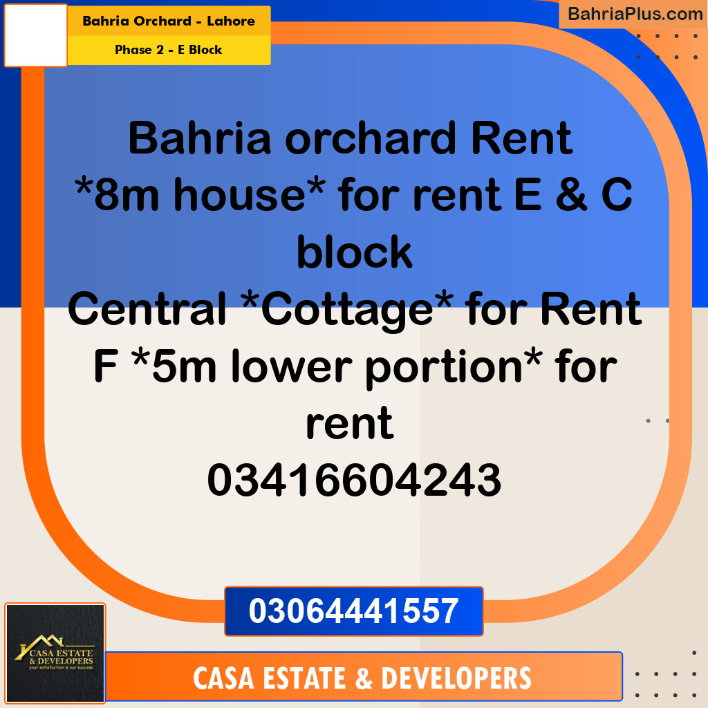 8 Marla Residential House for Rent in Phase 2 - E Block -  Bahria Orchard, Lahore - (BP-297169)