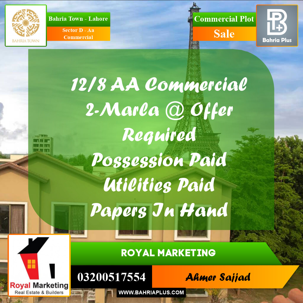 2 Marla Commercial Plot for Sale in Sector D - AA Commercial -  Bahria Town, Lahore - (BP-297200)