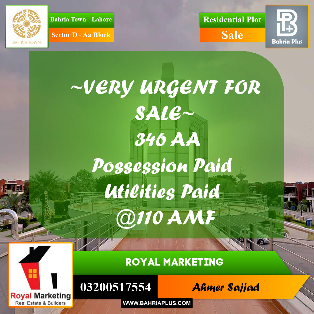 Residential Plot for Sale in Sector D - AA Block -  Bahria Town, Lahore - (BP-297303)