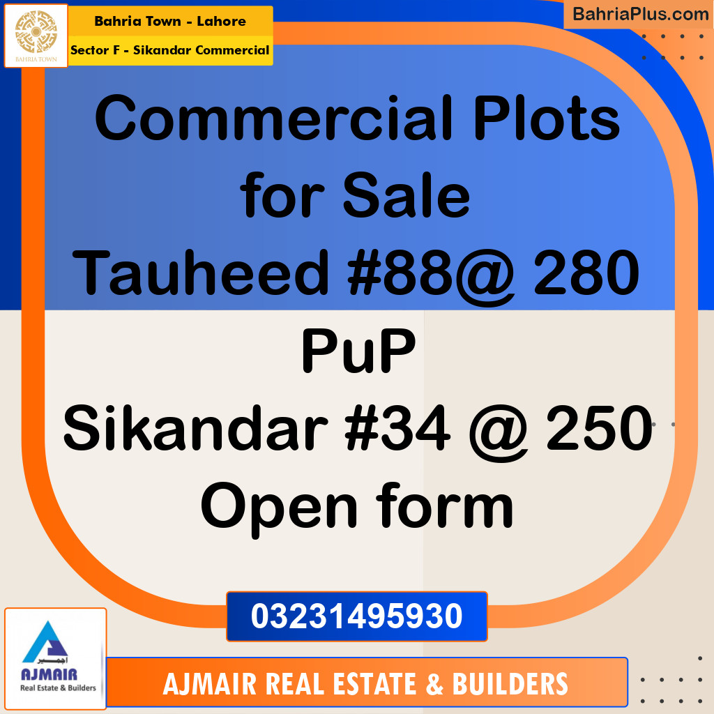 5 Marla Commercial Plot for Sale in Sector F - Sikandar Commercial -  Bahria Town, Lahore - (BP-297356)