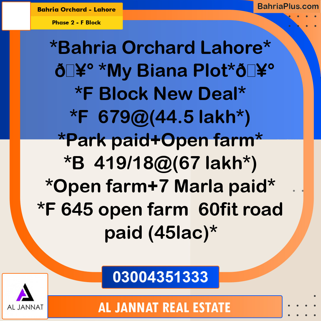 5 Marla Residential Plot for Sale in Phase 2 - F Block -  Bahria Orchard, Lahore - (BP-297407)
