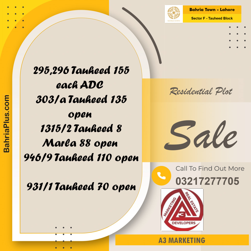 10 Marla Residential Plot for Sale in Sector F - Tauheed Block -  Bahria Town, Lahore - (BP-297418)