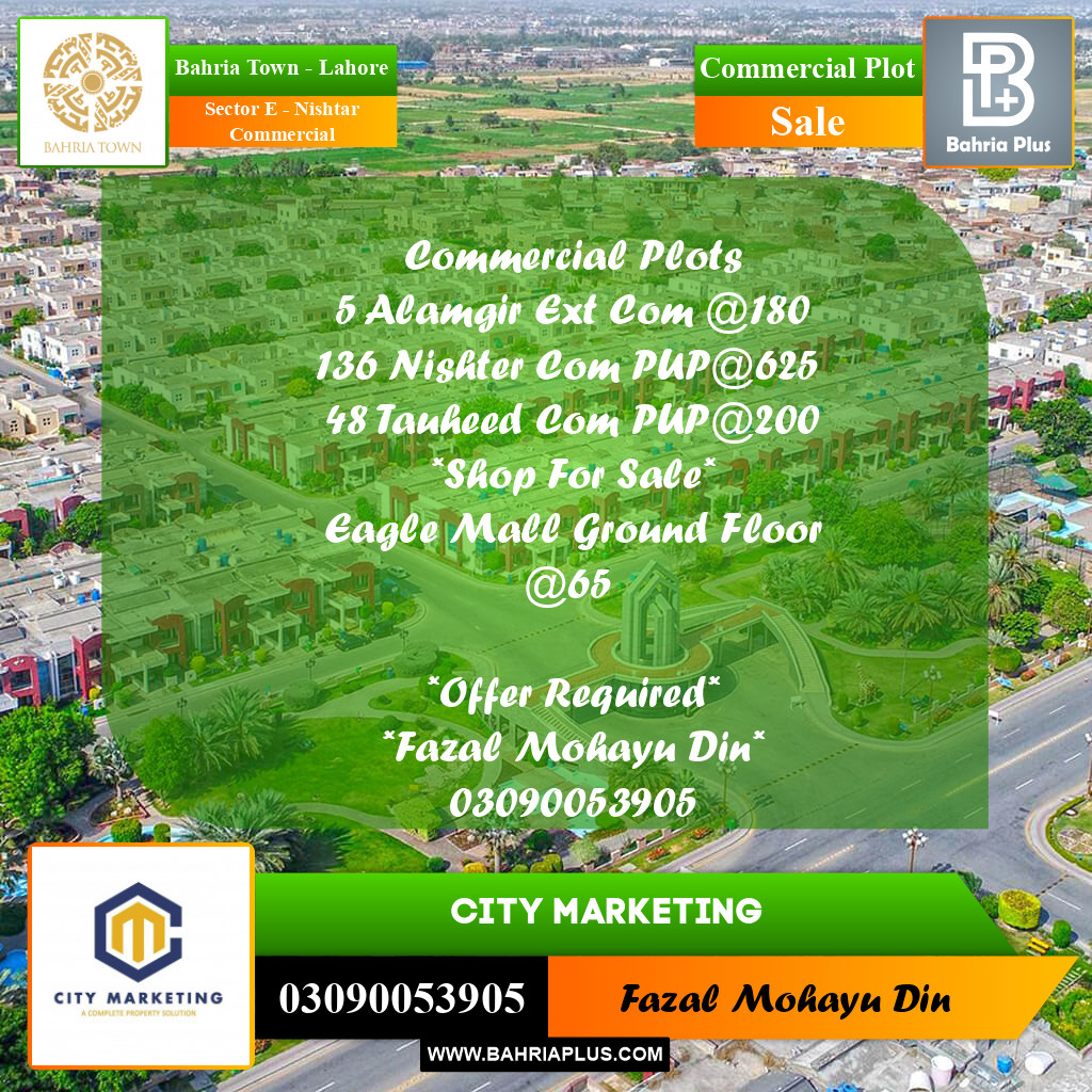 5 Marla Commercial Plot for Sale in Sector E - Nishtar Commercial -  Bahria Town, Lahore - (BP-297464)