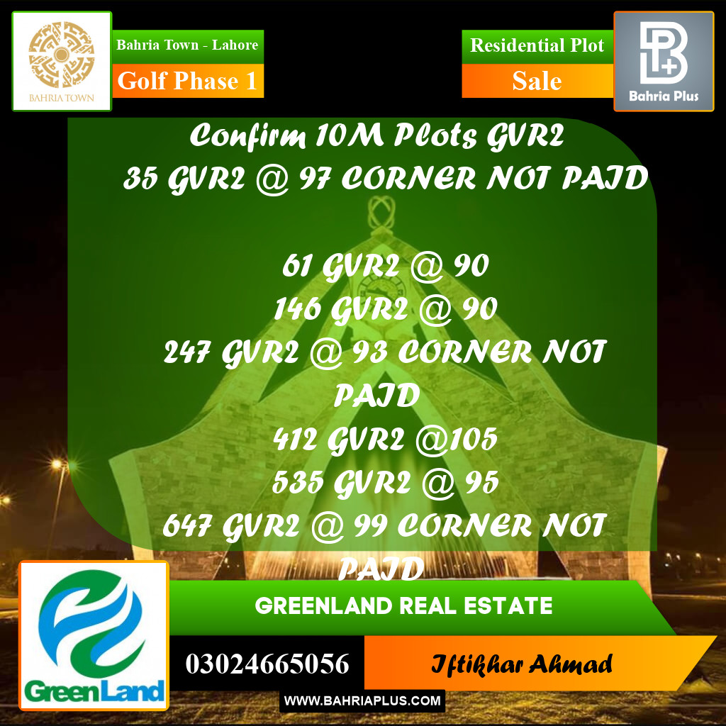 10 Marla Residential Plot for Sale in Golf Phase 1 -  Bahria Town, Lahore - (BP-297570)