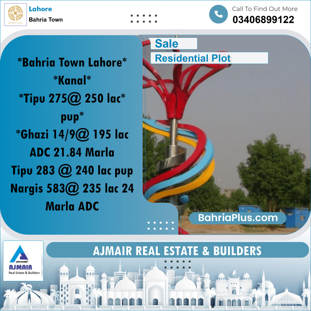 1 Kanal Residential Plot for Sale in Bahria Town, Lahore - (BP-297617)