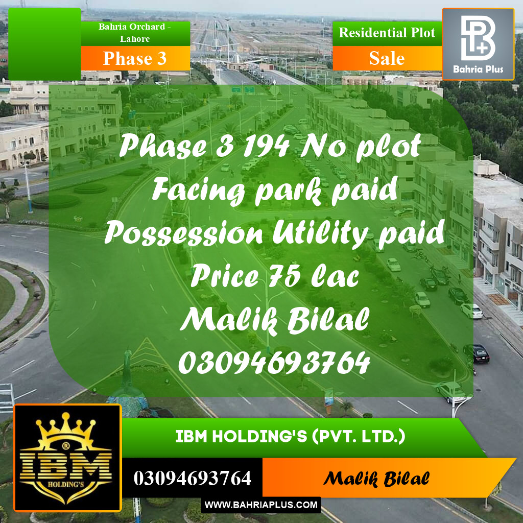 8 Marla Residential Plot for Sale in Phase 3 -  Bahria Orchard, Lahore - (BP-297683)