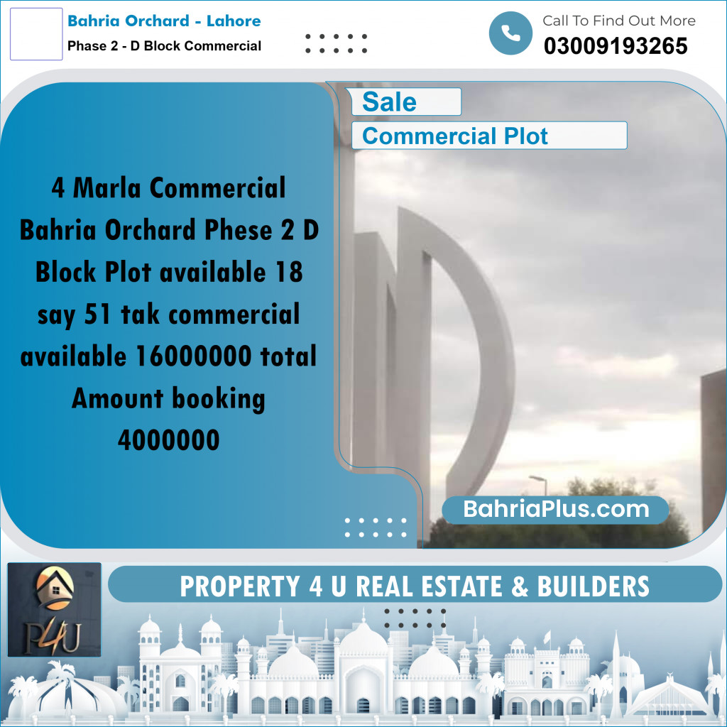 4 Marla Commercial Plot for Sale in Phase 2 - D Block Commercial -  Bahria Orchard, Lahore - (BP-297727)