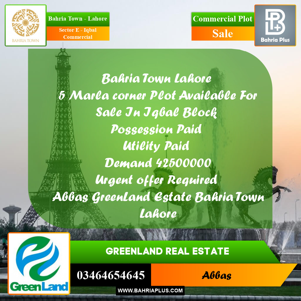 5 Marla Commercial Plot for Sale in Sector E - Iqbal Commercial -  Bahria Town, Lahore - (BP-297753)