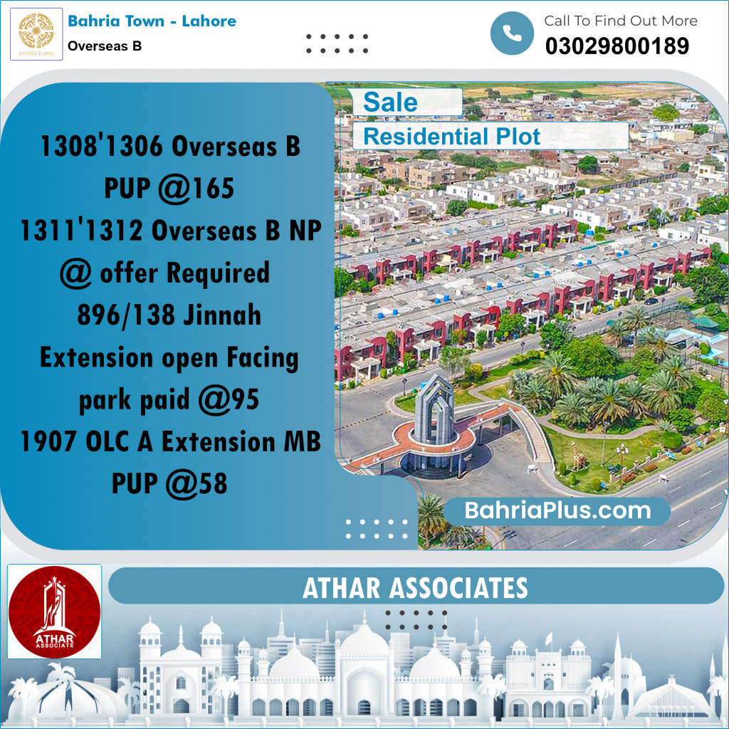 10 Marla Residential Plot for Sale in Overseas B -  Bahria Town, Lahore - (BP-297801)