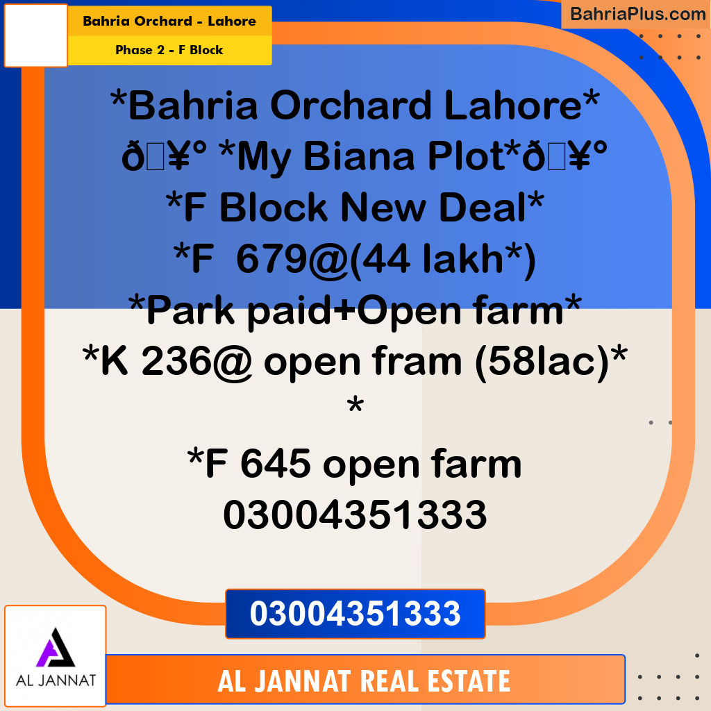 5 Marla Residential Plot for Sale in Phase 2 - F Block -  Bahria Orchard, Lahore - (BP-297844)