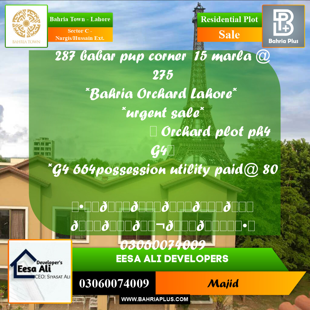 Residential Plot for Sale in Sector C - Nargis/Hussain Ext. -  Bahria Town, Lahore - (BP-297932)