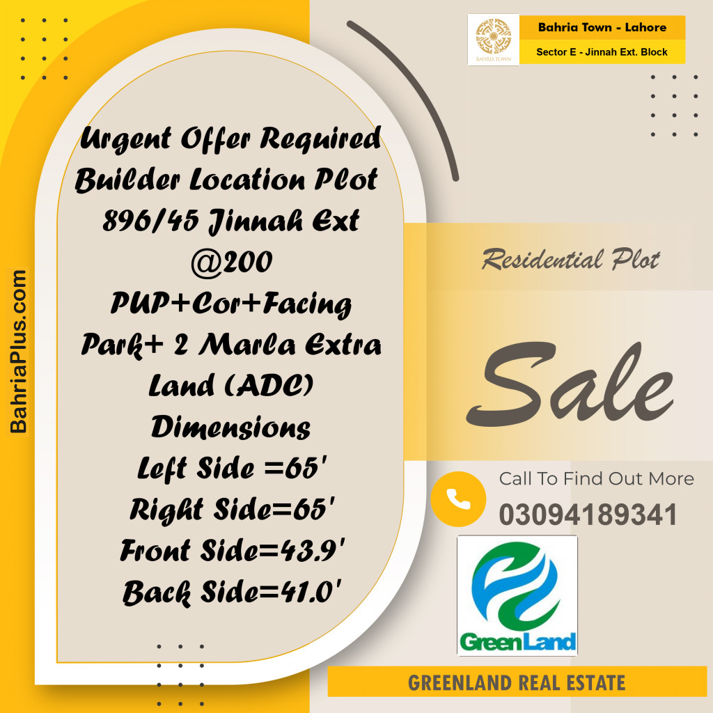 10 Marla Residential Plot for Sale in Sector E - Jinnah Ext. Block -  Bahria Town, Lahore - (BP-297951)