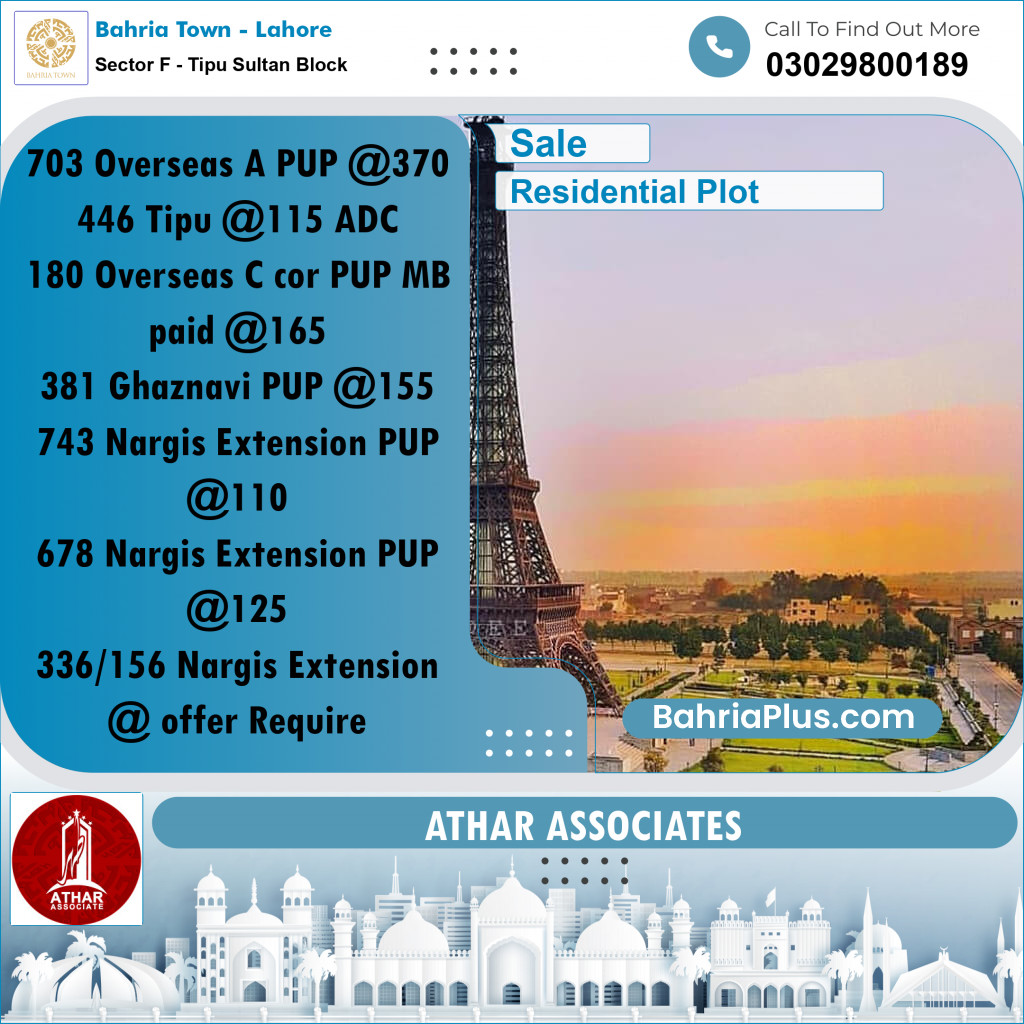 10 Marla Residential Plot for Sale in Sector F - Tipu Sultan Block -  Bahria Town, Lahore - (BP-297999)