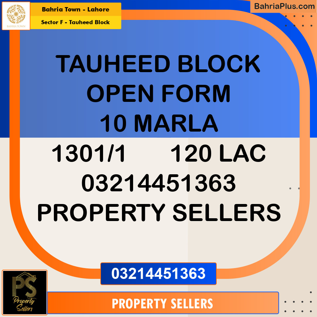 10 Marla Residential Plot for Sale in Sector F - Tauheed Block -  Bahria Town, Lahore - (BP-298040)
