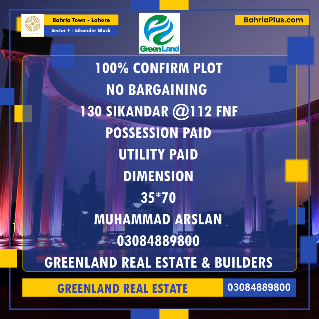 10 Marla Residential Plot for Sale in Sector F - Sikander Block -  Bahria Town, Lahore - (BP-298077)