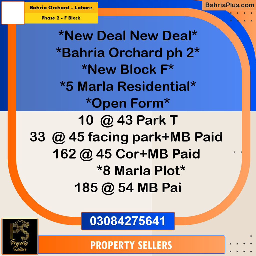 5 Marla Residential Plot for Sale in Phase 2 - F Block -  Bahria Orchard, Lahore - (BP-298081)