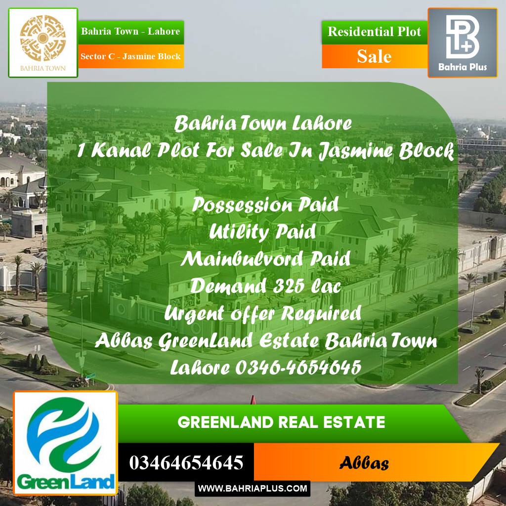 1 Kanal Residential Plot for Sale in Sector C - Jasmine Block -  Bahria Town, Lahore - (BP-298094)