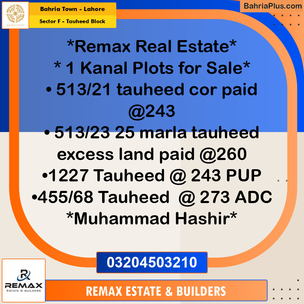 20 Marla Residential Plot for Sale in Sector F - Tauheed Block -  Bahria Town, Lahore - (BP-298176)
