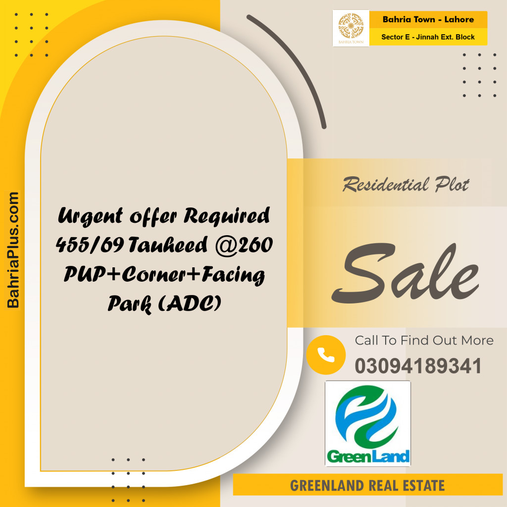 1 Kanal Residential Plot for Sale in Sector E - Jinnah Ext. Block -  Bahria Town, Lahore - (BP-298184)