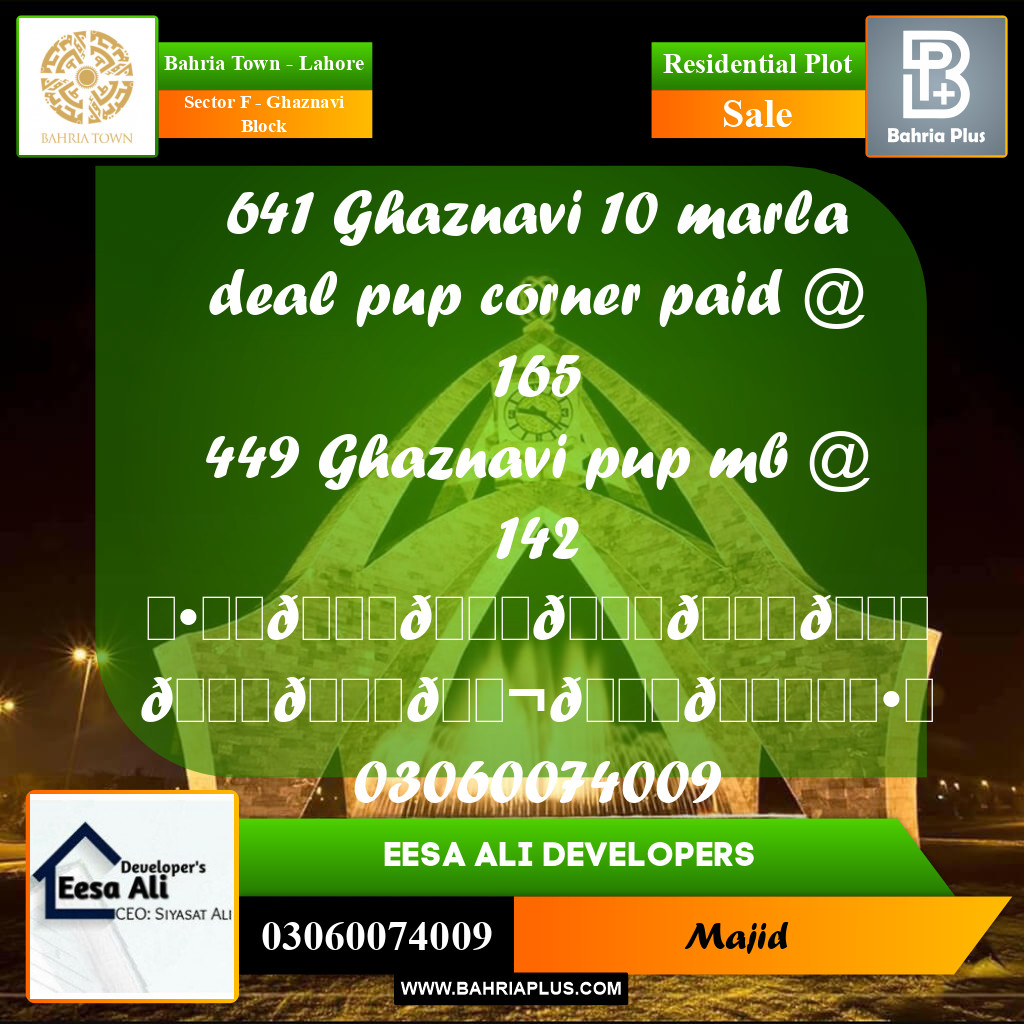 Residential Plot for Sale in Sector F - Ghaznavi Block -  Bahria Town, Lahore - (BP-298235)