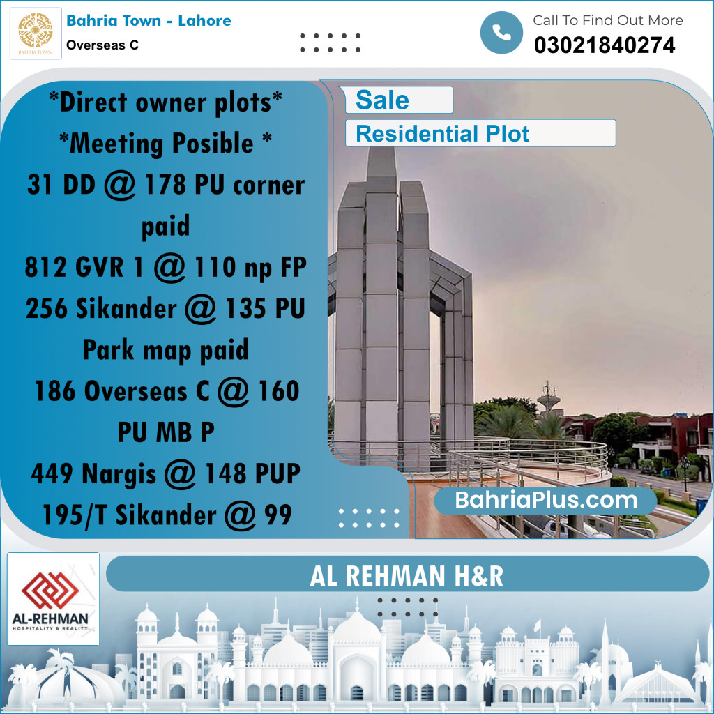 10 Marla Residential Plot for Sale in Overseas C -  Bahria Town, Lahore - (BP-298293)