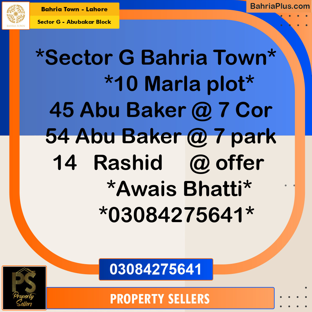 10 Marla Residential Plot for Sale in Sector G - Abubakar Block -  Bahria Town, Lahore - (BP-298409)