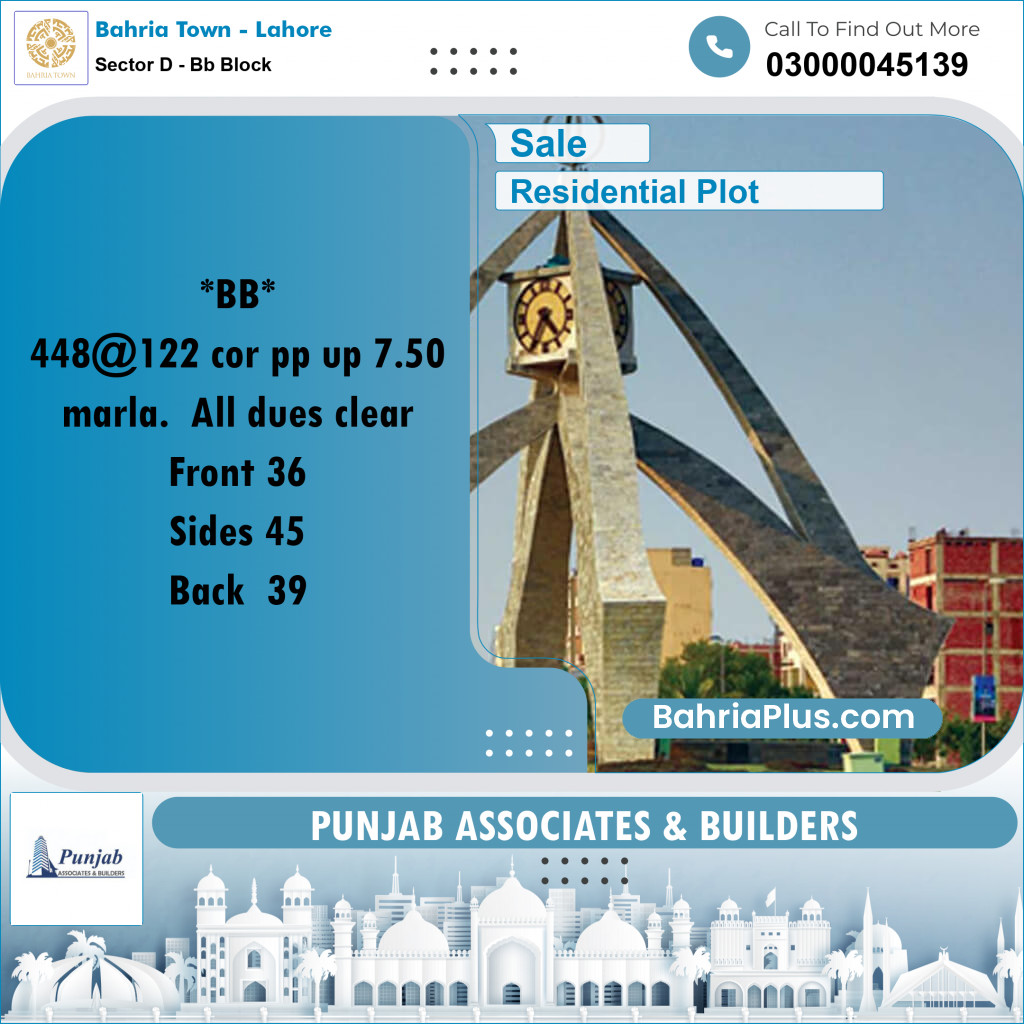 7.5 Marla Residential Plot for Sale in Sector D - BB Block -  Bahria Town, Lahore - (BP-298436)