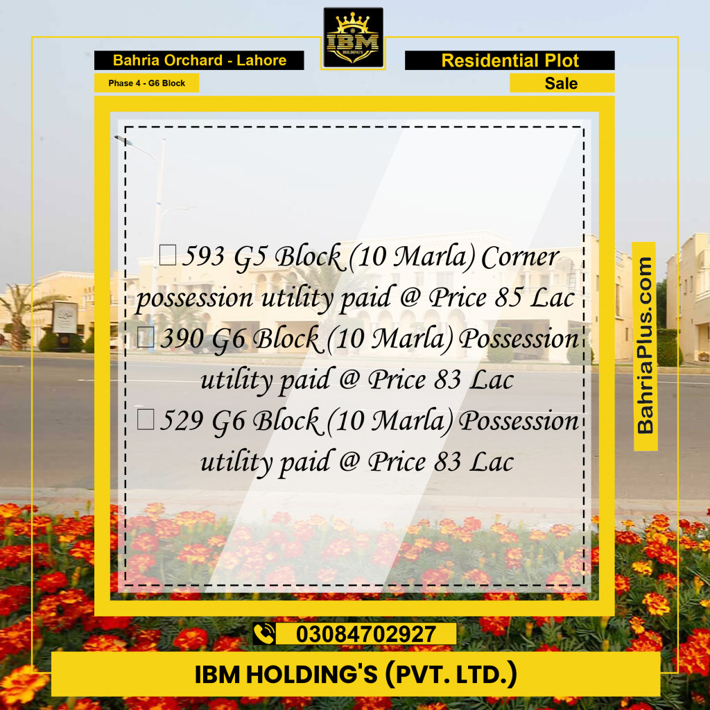 10 Marla Residential Plot for Sale in Phase 4 - G6 Block -  Bahria Orchard, Lahore - (BP-298452)