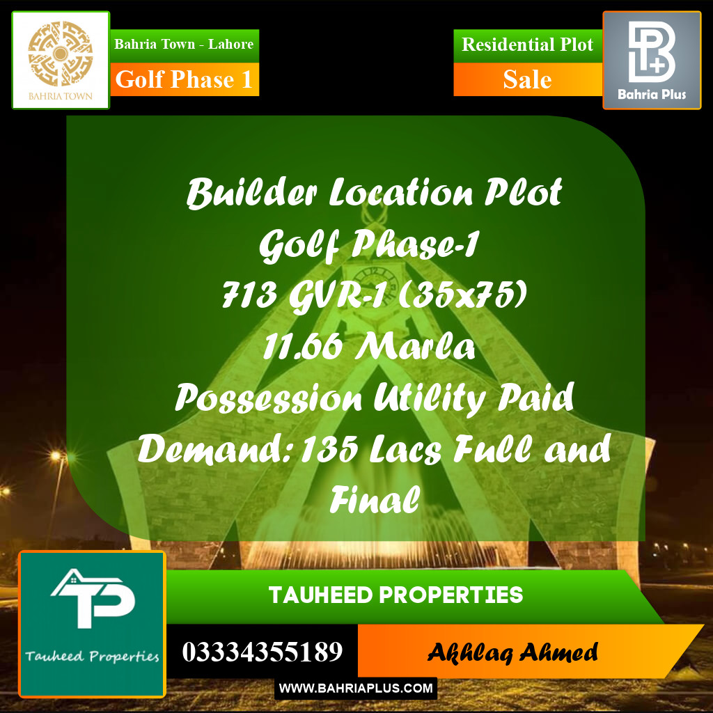 11 Marla Residential Plot for Sale in Golf Phase 1 -  Bahria Town, Lahore - (BP-298655)