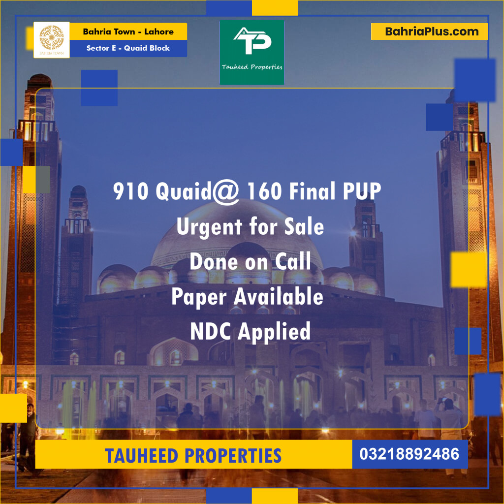 10 Marla Residential Plot for Sale in Sector E - Quaid Block -  Bahria Town, Lahore - (BP-298870)